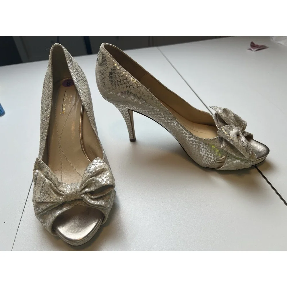 Kate Spade Peep Toe Pumps Women Leather Snakeskin Bow Heels Silver Cream 8B